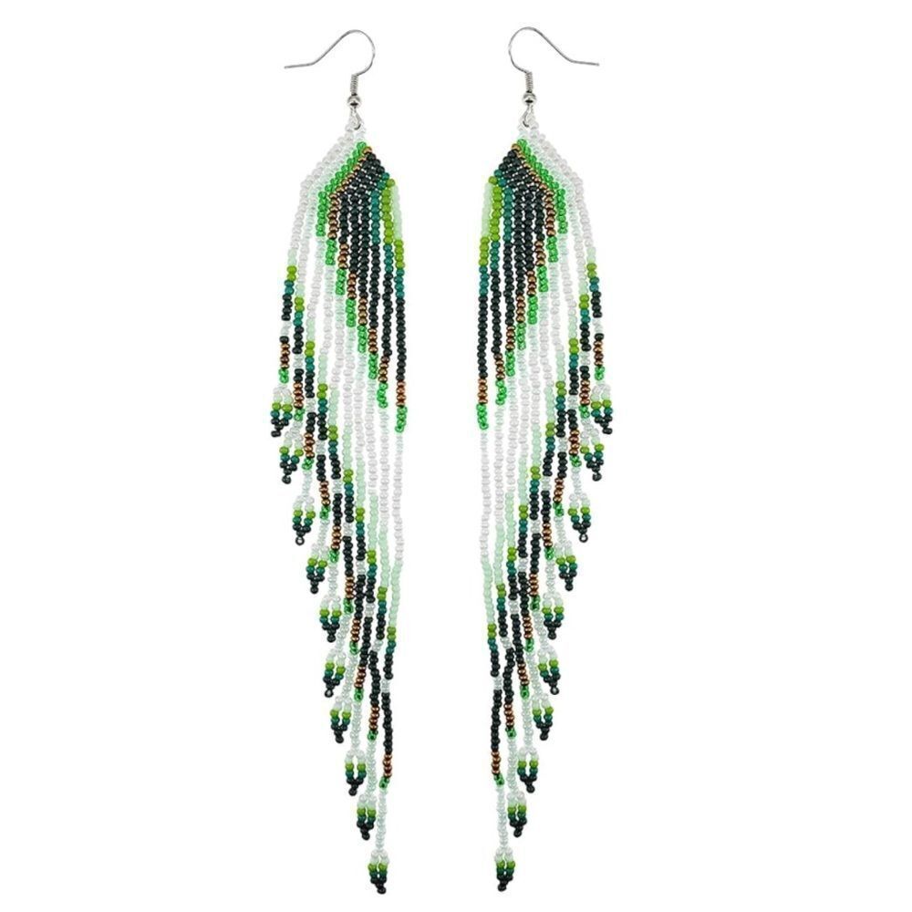 Southwestern Boho Seed Bead Tassel Dangling Statement French Wire Hook Earrings